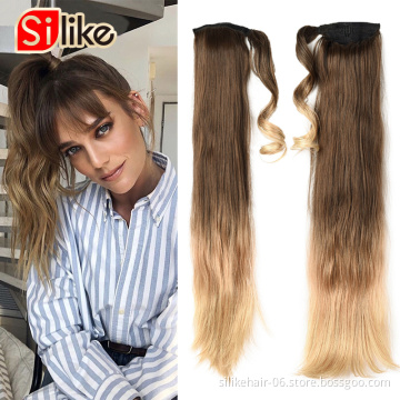 Silike Synthetic Ponytail Extensions 24 inch Clip in Drawstring Ponytail Hairpieces for Women Ombre Brown Pony Tail Blonde